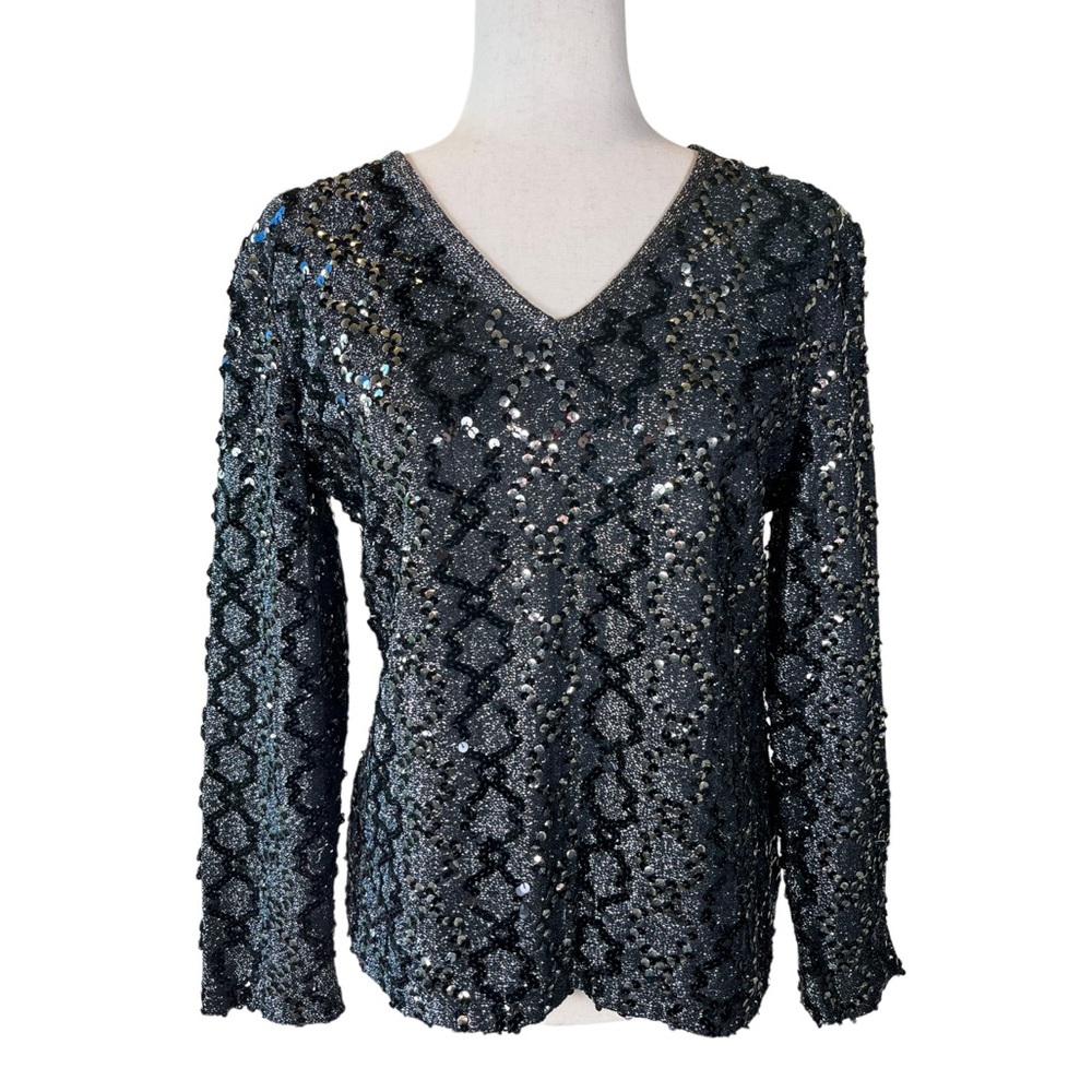 Vintage Black and Silver Sequin V-Neck Long Sleeve Top